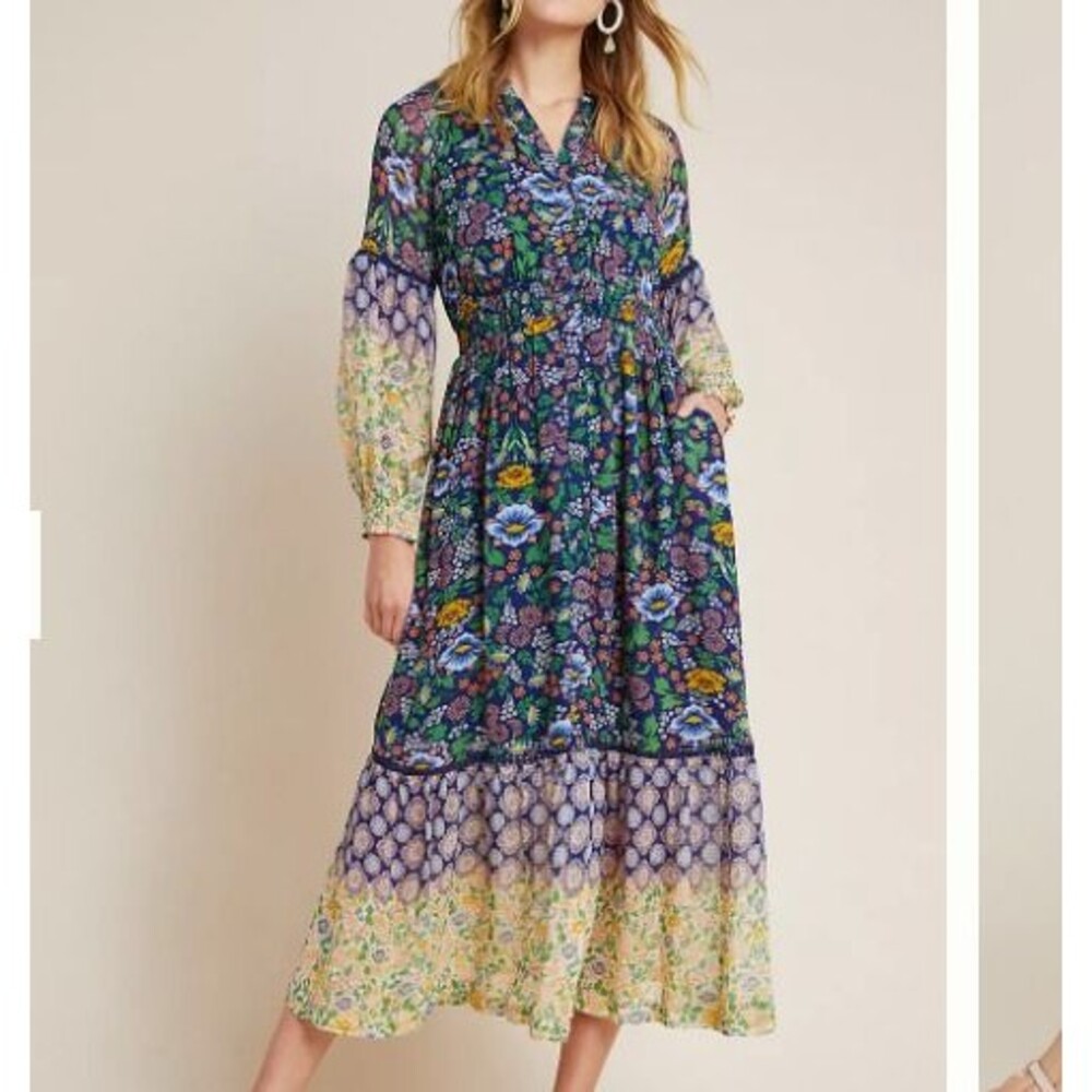 Maeve Ondine Maxi Dress Floral Sheer Green blue Boho Size Small